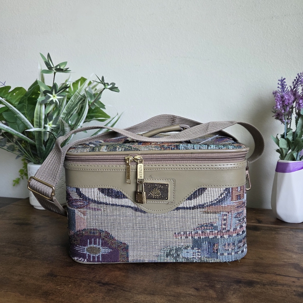 VTG Route 66 Tapestry Travel Makeup Hard Case W/Mirror & Strap Pioneer Express